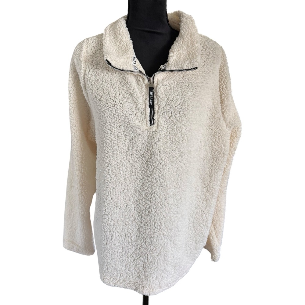Bobbie Brooks Womens XL Cream Sherpa Fleece Quarter Zip Pullover Love Zipper